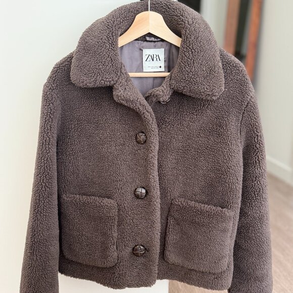 Zara Brown Cropped Fleece Coat - Picture 1 of 5